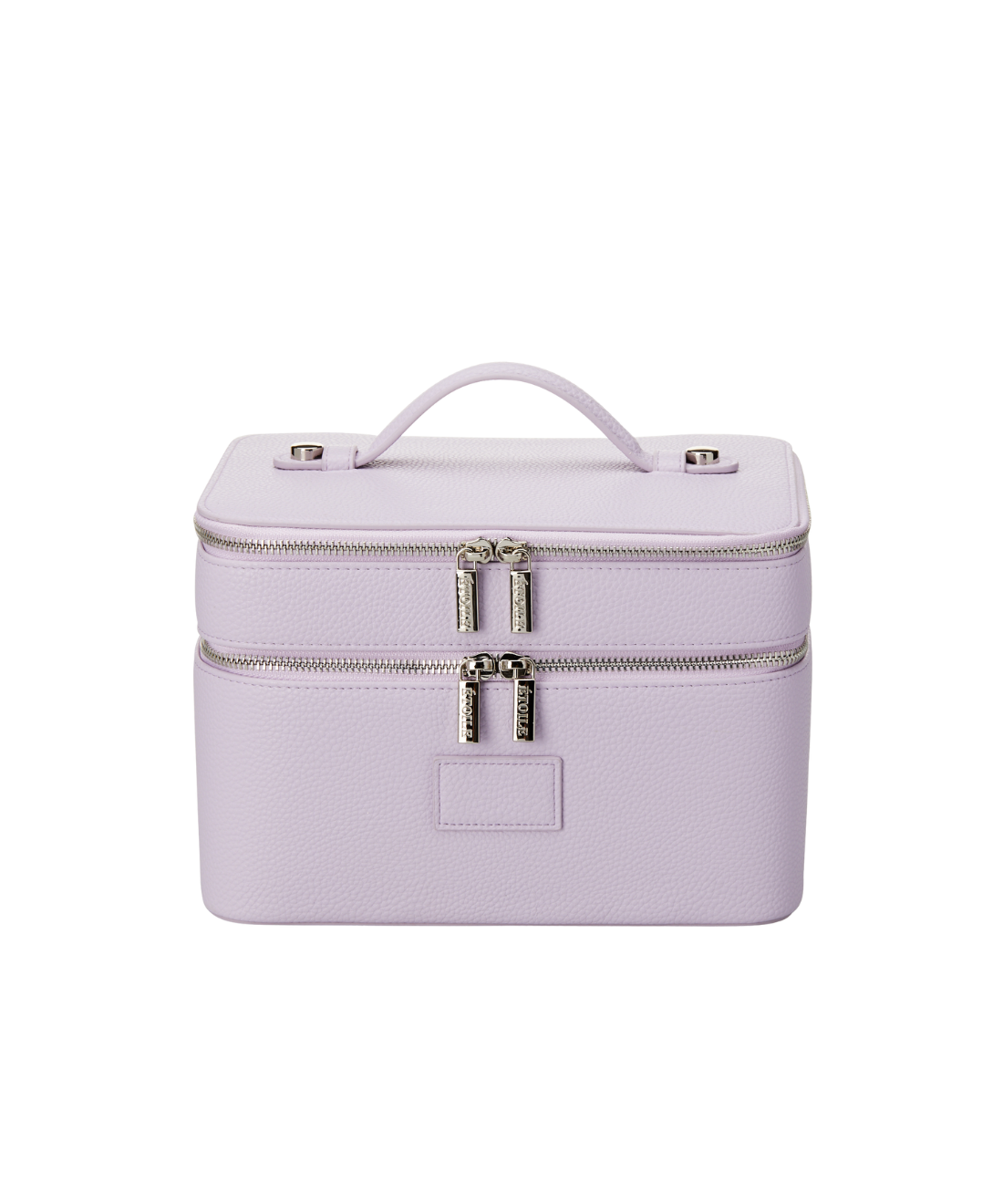 A structured vanity case with double zipperheads and a collapsible handle.